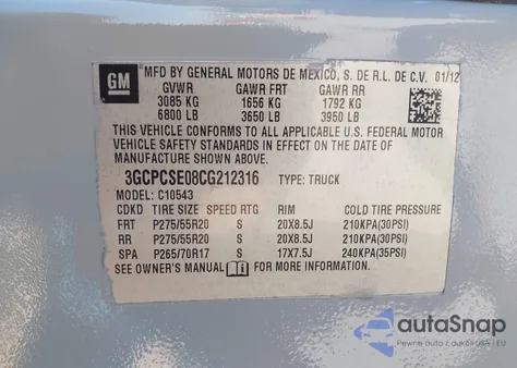 2012 Chevrolet Silverado 1500 Lt z USA, uszkodzony, nr VIN 3GCPCSE08CG212316